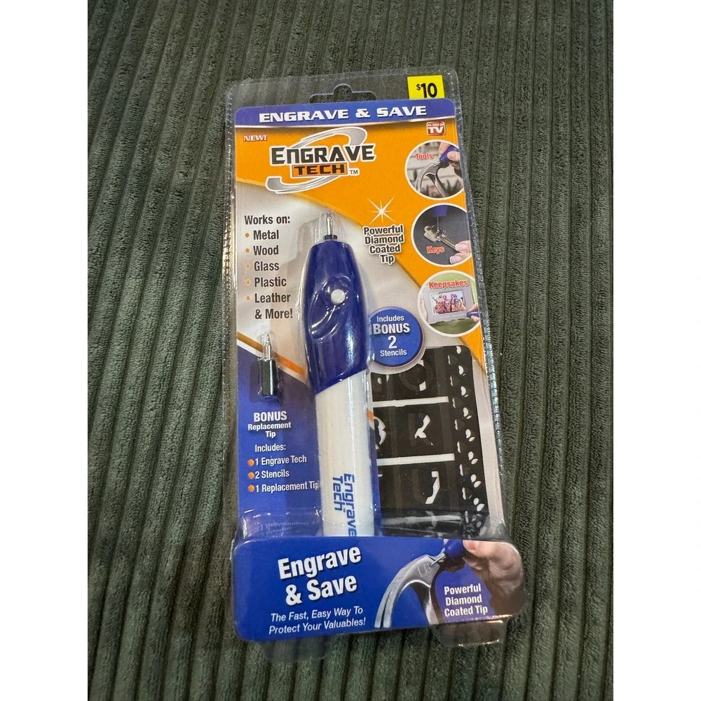 Engrave & Save Tech Engraving Pen Tool With Diamond Tip Stencils Bonus‎ Tip